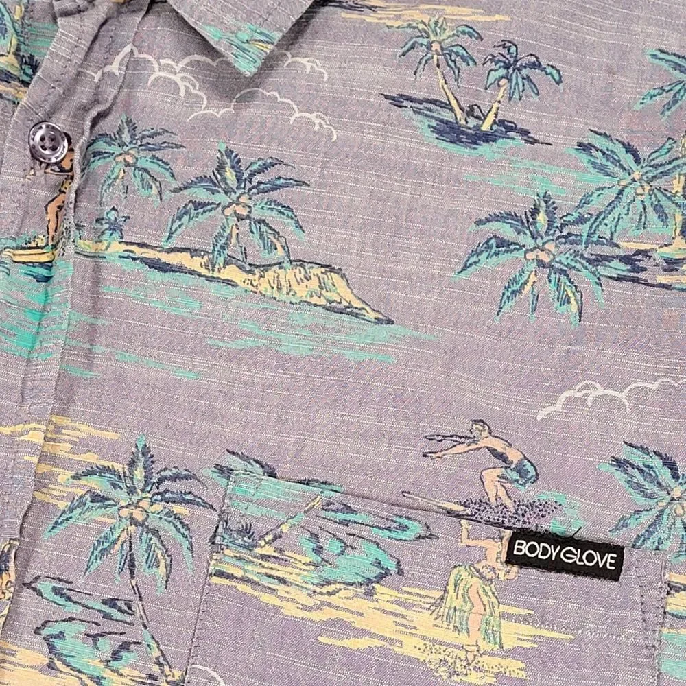 Body Glove Shirt Mens Large Blue Button Up Hawaiian Surfing Hula Girl Retro Logo